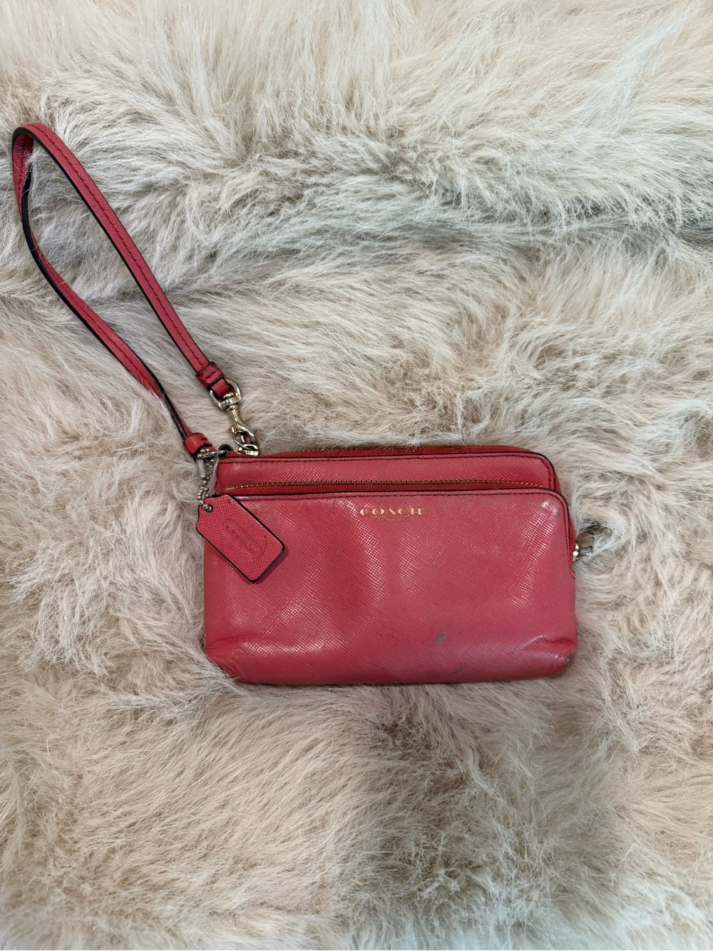 Coach New York Double Zip Wristlet Wallet Pink Saffiano Leather